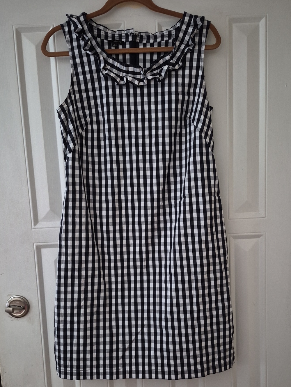Talbots Black and White Gingham Ruffle-Neck Sleeveless Dress